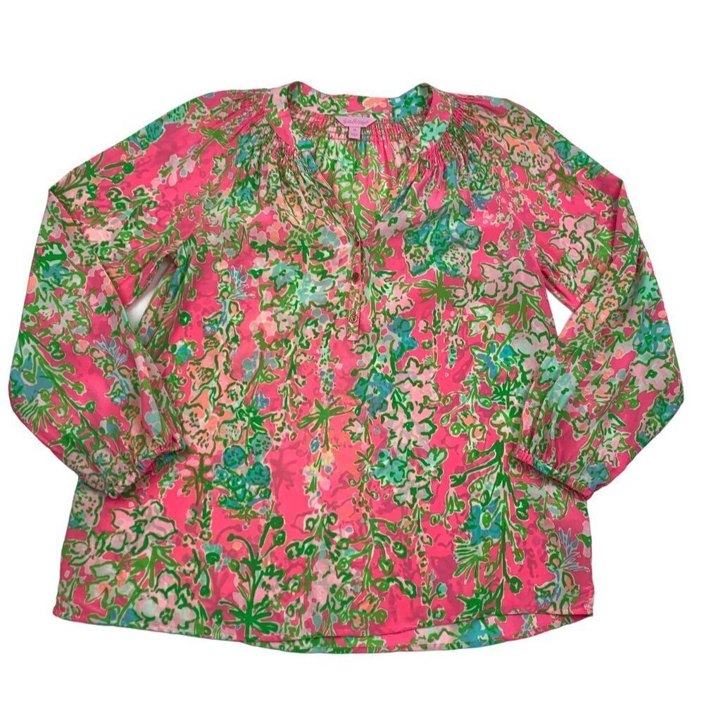 Lilly Pulitzer Southern Charm Flamingo Pink Print Elsa Silk Blouse Women's SZ M